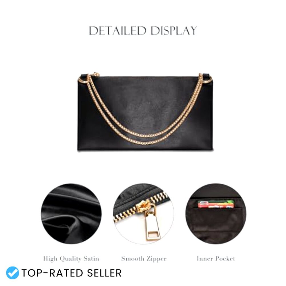 Satin Evening Clutch with Detachable Chain Strap Elegant Prom Wedding Party Bag - Picture 3 of 7